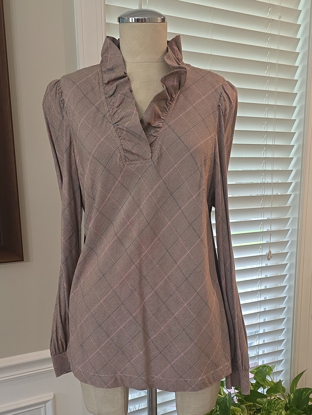 crown & ivy Tan Plaid Blouse with Pink and Blue Accents